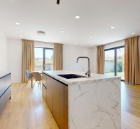 A kitchen in a family house with a wooden decor floor and a marble countertop.