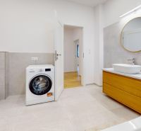 A bathroom in a family house with a washing machine, mirror, and sink on a wooden counter.