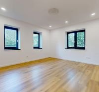 A room in a family house with a wooden decor floor and windows.