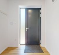 Entrance hall with dark doors, wooden decor flooring, doormat.