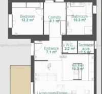Floor plan of a family house with three bedrooms and a spacious terrace in Komárom.