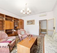 Living room in a family house with wooden decor furniture, carpet, and a sofa.