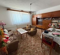 Living room in a family house with a carpet, cabinet, and plants, equipped with a sofa and a table.