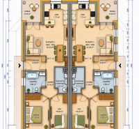 Floor plan of a two-story 3-room apartment with room layout and terraces.