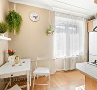 A bright kitchen in a 3-room apartment with plants and a wood-decor floor.