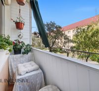 A balcony of a 3-room apartment with flowers and a view of greenery on Kukučínova Street in Dunajská Streda.