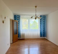 Living room with wood-patterned flooring, blue curtains, and a ceiling chandelier.
