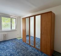 A room with a wardrobe and a window, blue carpet, 4-room apartment.