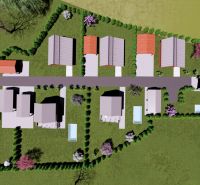Visualization of gardens on Hlinícka Street in Myjava with family houses and swimming pools.