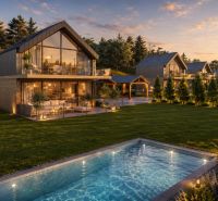 A family house at sunset with a garden and a swimming pool on Hlinícka Street in Myjava.