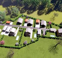 Visualization of gardens with family houses and swimming pools on Hlinícka Street in Myjava.