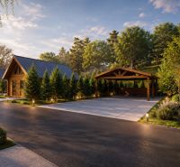 Wooden cottages surrounded by greenery and lighting on Hlinícka Street in Myjava, Záhrady area.