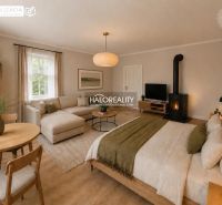 Family house: cozy room with a fireplace, bed, and wooden decor flooring.