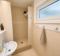 Bathroom with a shower, light tiles, and a plant, Cottage.