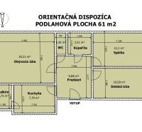 Floor plan of a 3-room apartment with a bathroom, kitchen, and balcony on an area of 61 m².