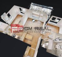 3D floor plan of a 3-room apartment with a wooden decor floor and an equipped kitchen.