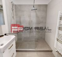 A bathroom with a shower and a sink in a 3-room apartment.