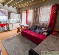 Interior of a cabin with a kitchenette, sofas, and a wooden decor floor.