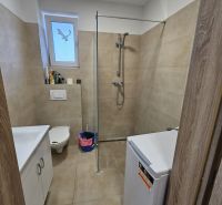 A bathroom in a studio apartment with a barrier-free shower and modern tiles.