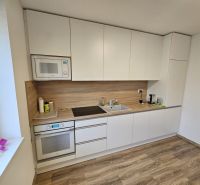 A kitchen with white cabinets, appliances, and a wood-patterned floor in a studio apartment.
