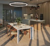 Living room with a dining table and a kitchenette with a wooden decor floor.