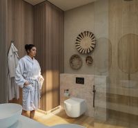 A bathroom with a wooden decor floor and decorative baskets on the wall in a studio apartment.