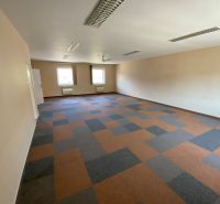 Interior of commercial premises with carpet flooring and two windows.