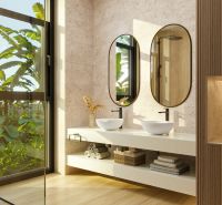 Bathroom with two sinks, mirrors, and a garden view, floor with wooden decor.
