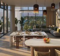 Luxury interior of a 1-bedroom apartment with a spacious living area, dining table, and large windows.