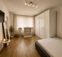 Studio apartment with wood-patterned flooring, a large mirror, a bed, and a wardrobe.