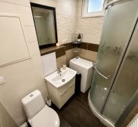 A bathroom in a studio apartment with a toilet, sink, and shower, white tiles on the walls.