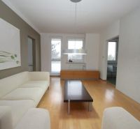 Living room in a three-room apartment with a wooden decor floor and a comfortable sofa.