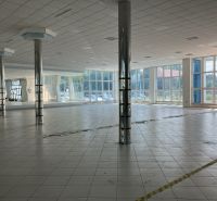 Spacious commercial spaces with glass walls and columns, drawing attention to the interior.