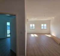 Interior of a 2-room apartment with a wooden decor floor and direct lighting.