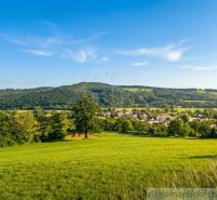 A landscape with meadows and the village of Ozdín, trees and hills in the background.