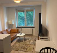 Living room in a 3-room apartment with a leather sofa and a wooden decor floor.