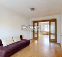 Living room in a three-room apartment with a wooden decor floor and a sofa.