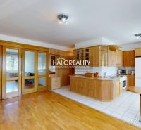 Kitchen connected with living room, wooden decor flooring, 3-room apartment.