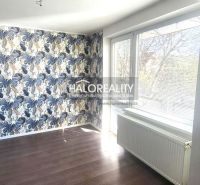 A room in a 3-room apartment with striking wallpaper and a wooden decor floor.