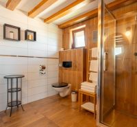 Bathroom with a shower, floor with wood decor, table and shelf.