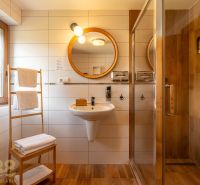 A bathroom with a sink, shower, and floor with a wooden decor in a 3-room apartment.