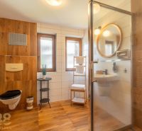 A modern bathroom in a 3-room apartment, with a wooden decor floor and a shower corner.