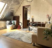 The interior of a family house with a wooden decor floor and a skylight.
