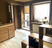 Living room in a family house with a wooden decor floor and plants on the windowsill.