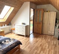Attic room in a family house with a wooden decor floor and a skylight.