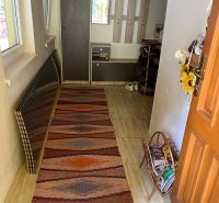 A hallway in a family house with a wooden decor floor and a colorful carpet.