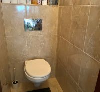 Toilet with tiles in a family house. Shelves with cleaning products and toilet paper.