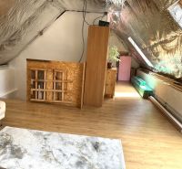 Attic room with wooden decor flooring in a family house.
