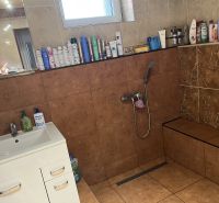 Bathroom in a family house with tiles and lots of cosmetic products on the shelves.