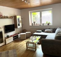Living room in a family house with a wooden decor floor and a comfortable sofa.